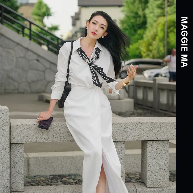 MAGGIE MA马婧设计师款月光白温柔知性气质法式连衣裙400D