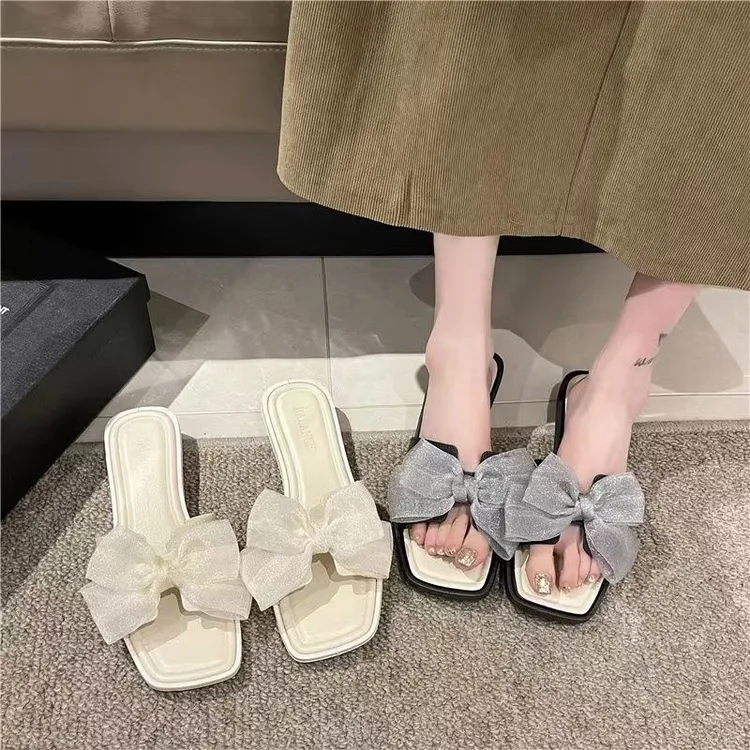 夏天仙女风网纱蝴蝶结拖鞋女海边度假防滑平底沙滩凉拖鞋JY