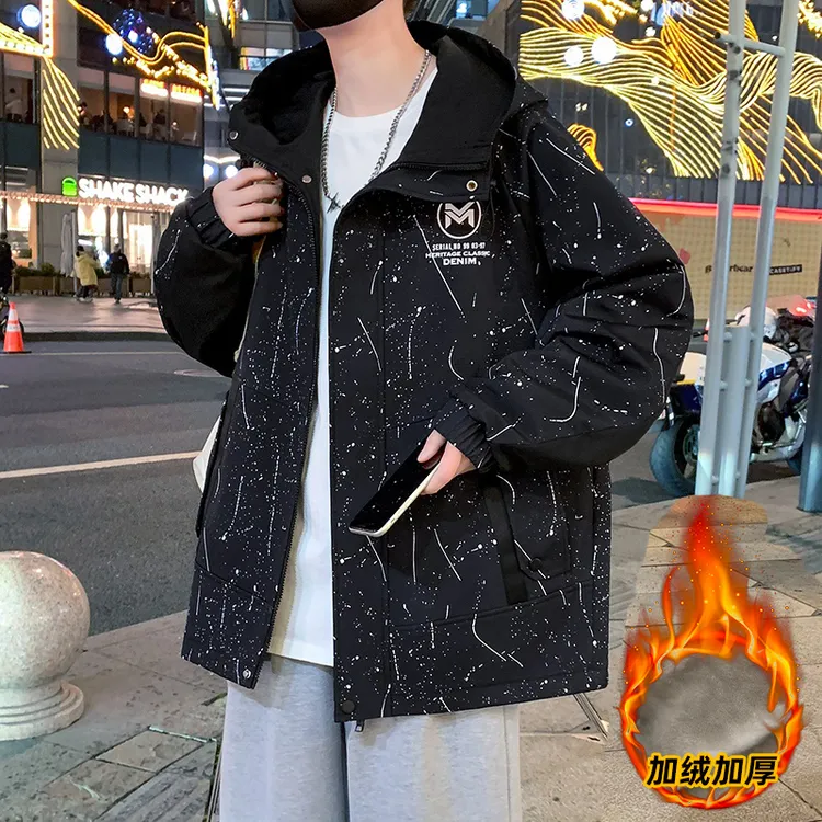 2025冬季新款加绒加厚连帽套装男青少年学生宽松保暖潮流帅气外套