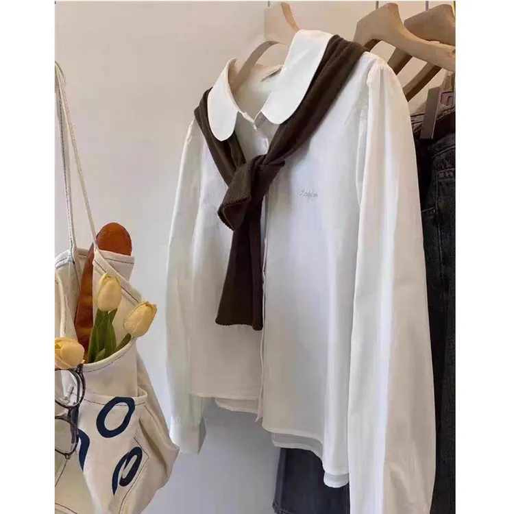 韩版复古纯棉白色长袖衬衫女秋季新款学院风娃娃领衬衣小个子上衣