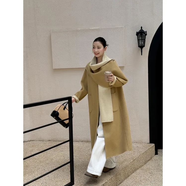 高级感AB面带围巾双面羊绒大衣女过膝气质长款韩版宽松羊毛呢外套