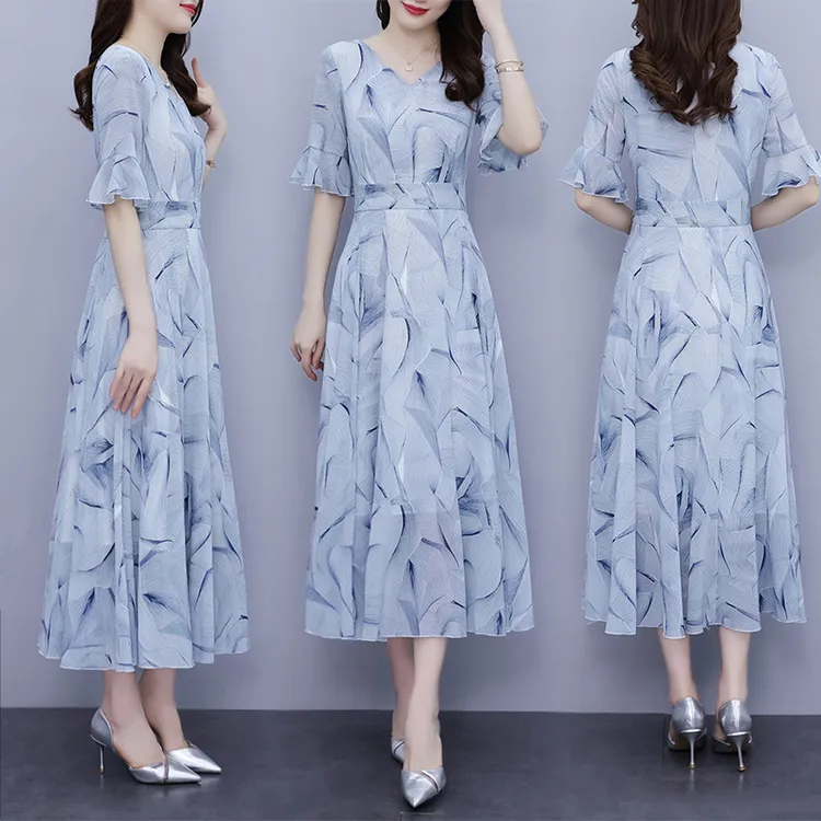 夏季雪纺碎花连衣裙女长款到脚踝2025年时尚显瘦超长半袖裙子