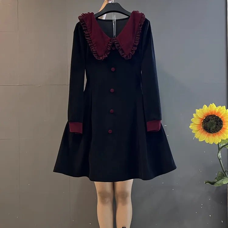 新款法式甜美撞色拼接荷叶领收腰显瘦气质连衣裙