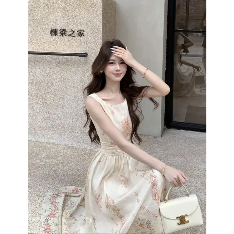 小众设计感无袖收腰修身连衣裙垂感印花长裙