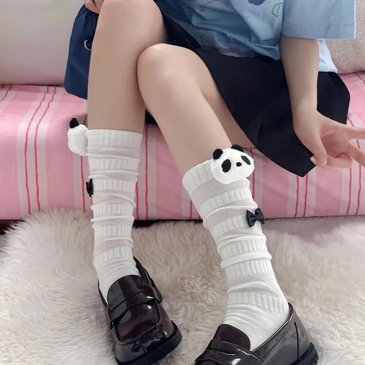 女袜熊猫夏季薄款白色透气百搭小腿袜堆堆袜防臭日系可爱JK中筒