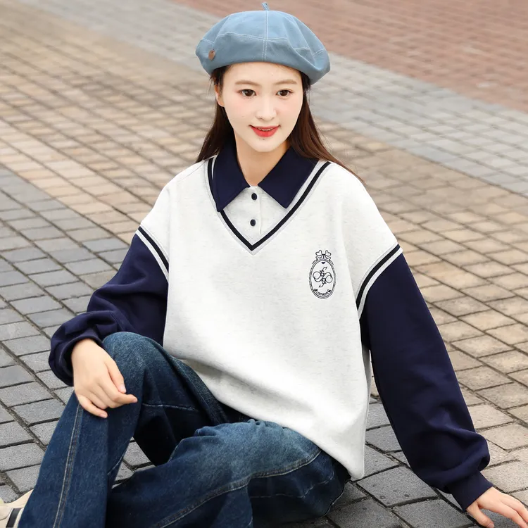 【高中生】卫衣女假两件学院风上衣洋气初中学生大童宽松拼接15岁
