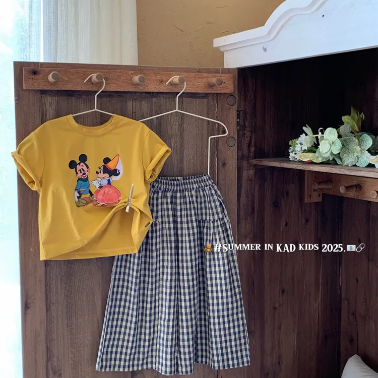 K5064-卡通正肩T+YC8762格子防蚊裙裤