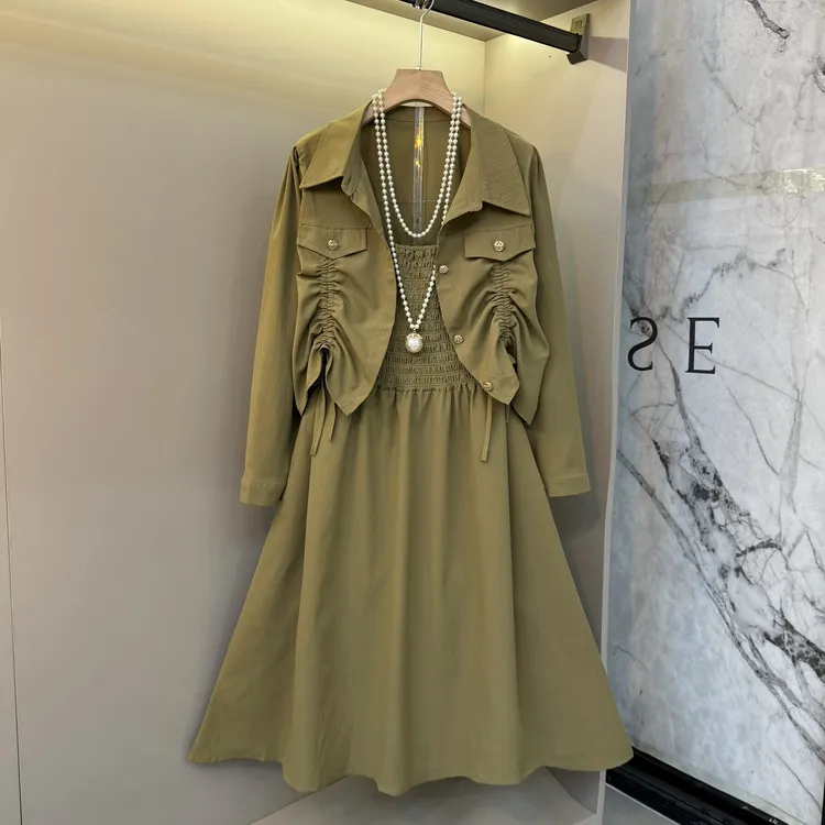 胖妹妹翻领侧抽绳长袖上衣吊带裙早秋款通勤风显瘦套装24211