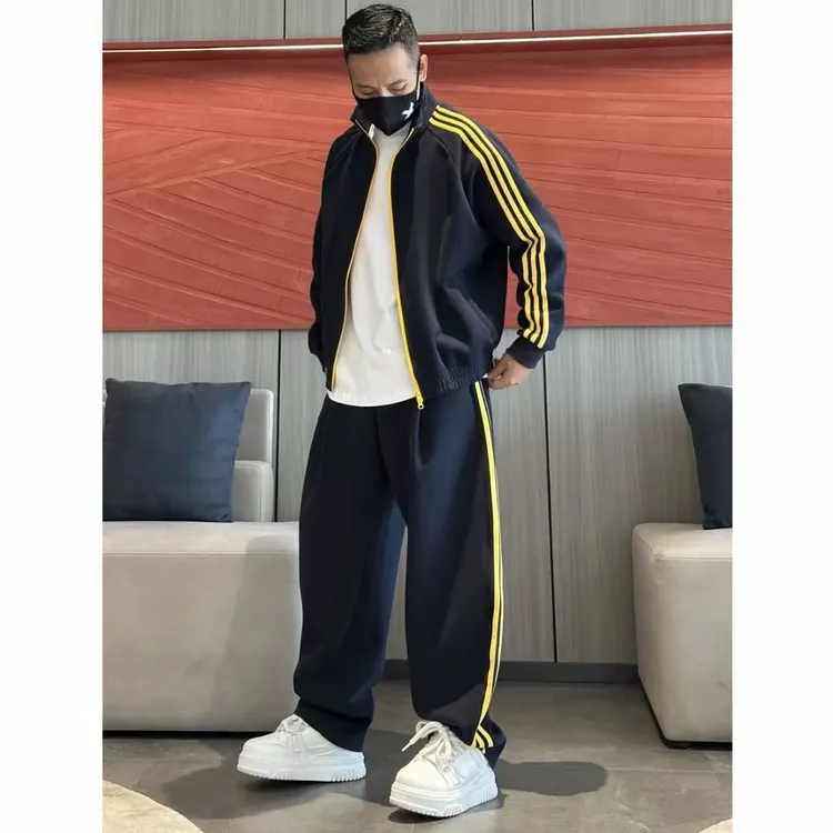 秋季新款时尚ins撞色三条杠减龄百搭显瘦立领夹克加长裤套装