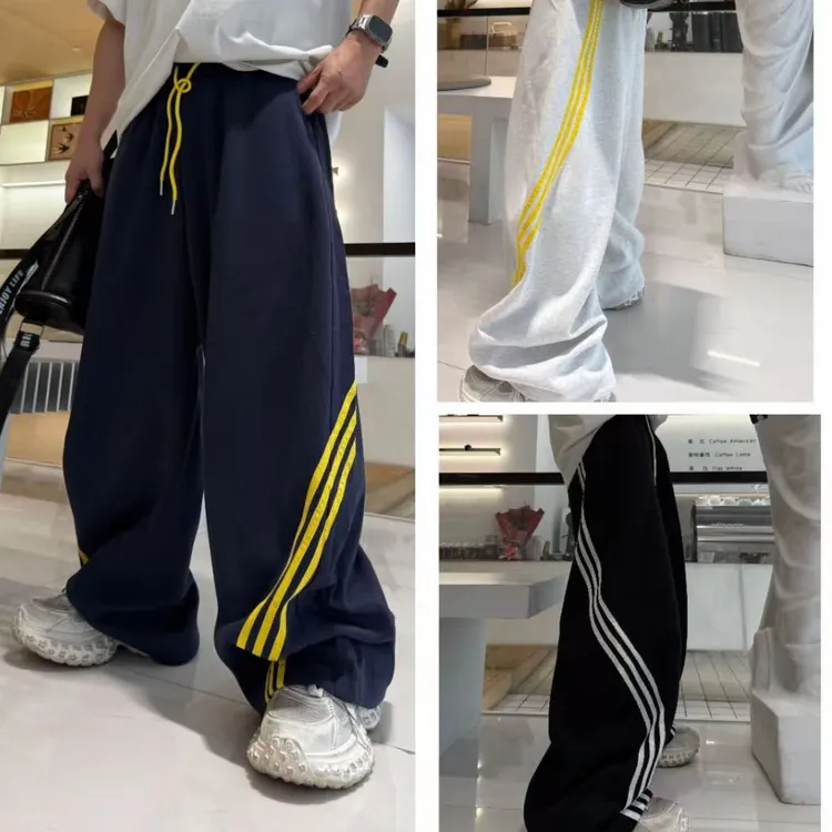 秋季新款美式休闲裤男宽松百搭拼接三道杠百搭时尚松紧腰阔腿裤潮