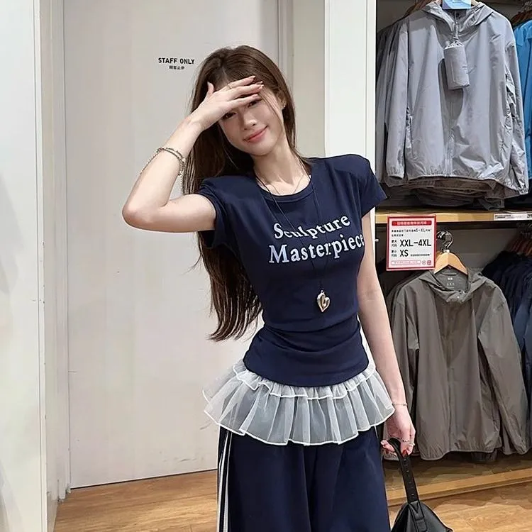 藏青色修身短裤T恤女夏季套装蕾丝花边拼接休闲裤阔腿长裤两件套