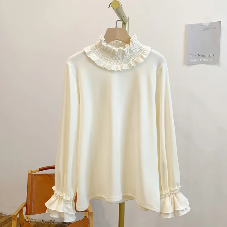 融雪之时C5222磨毛德绒松紧领口木耳边立领长袖T恤