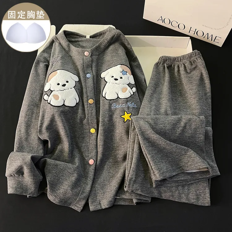 灰色可爱小狗带胸垫羊绒睡衣女秋冬季天韩系风圆领学生家居服套装