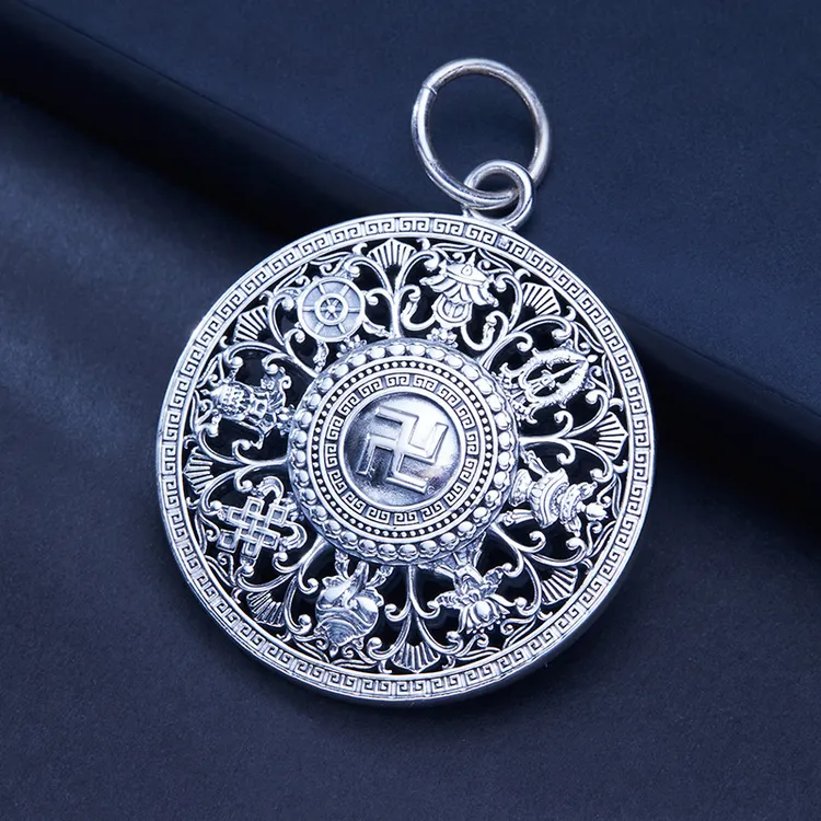 吊坠足银 民族风做旧八宝罗盘素款双面古法挂件项坠男生项链纯银