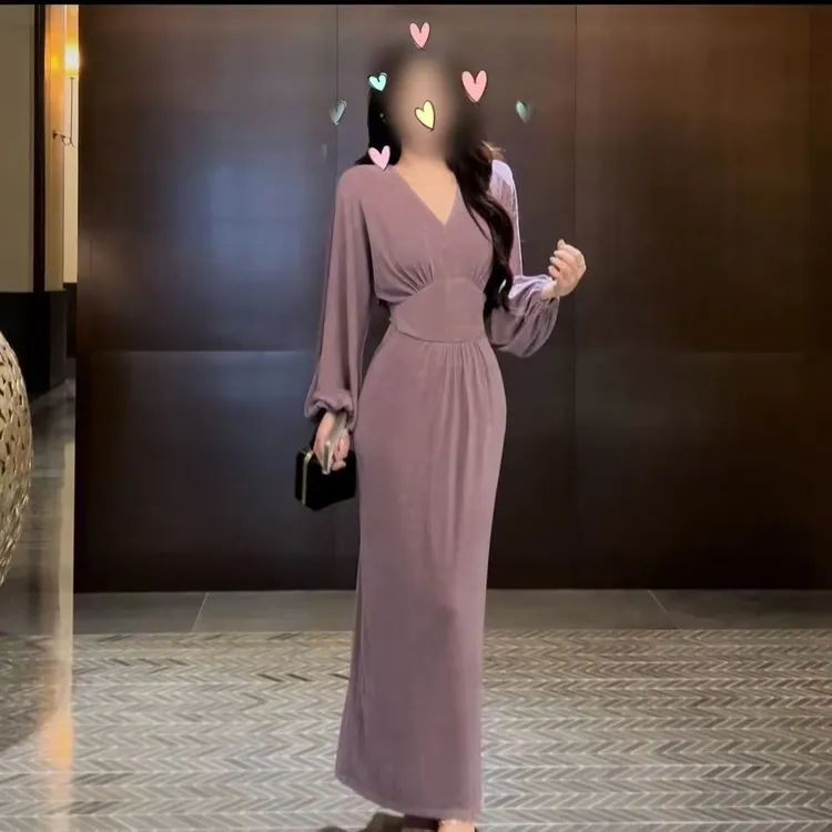 松弛感气质v领连衣裙女装夏季显瘦高腰休闲裙包臀长裙