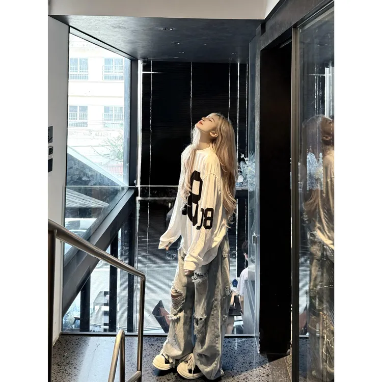 美式高街运动数字印花长袖T恤女早秋新款潮牌球服打底上衣