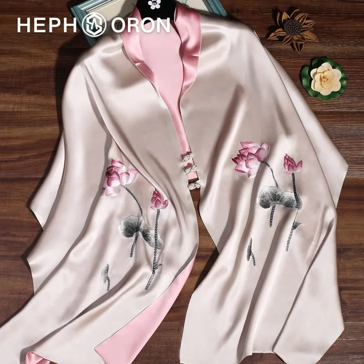 HEPHSORON苏绣丝巾礼盒送妈妈香槟色刺绣高级感桑蚕丝真丝围巾