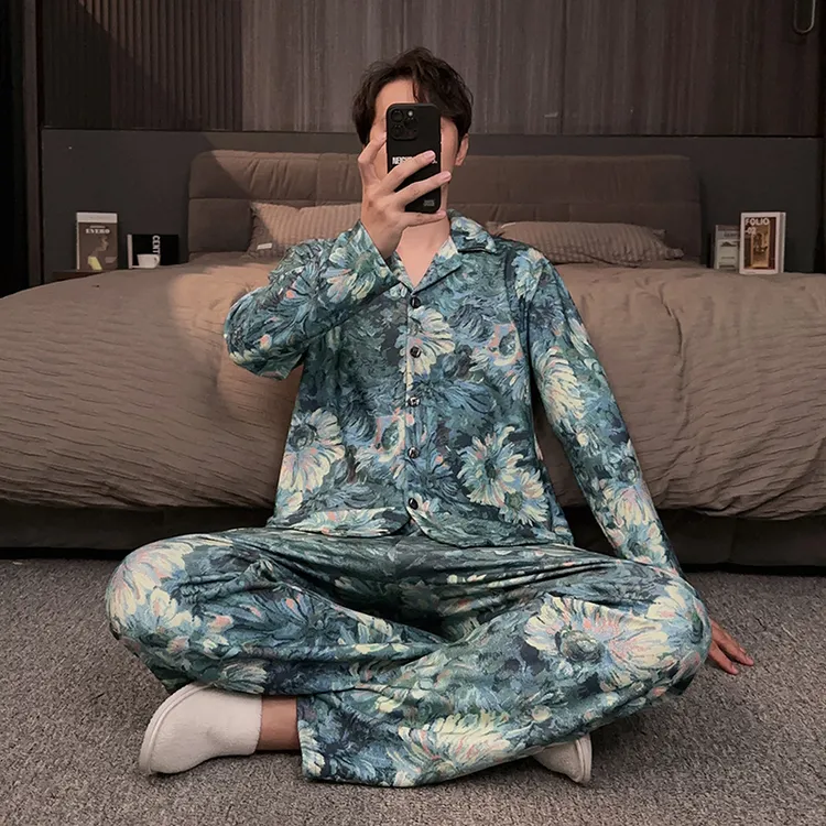 莫奈花园男士秋冬睡衣加绒保暖锁温羊绒蚕丝轻奢老钱风家居服德绒