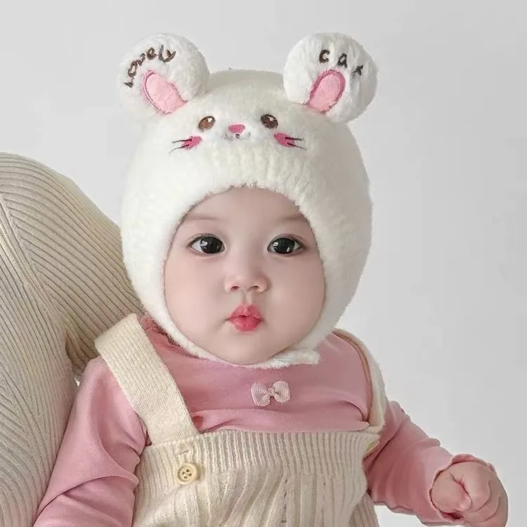 婴儿帽子秋冬季双层保暖女童毛线套头帽可爱超萌小月龄宝宝护耳帽