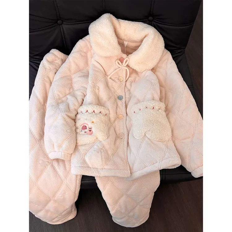 【三层加厚】可爱减龄软糯珊瑚绒睡衣女秋冬新款加厚保暖家居服套装