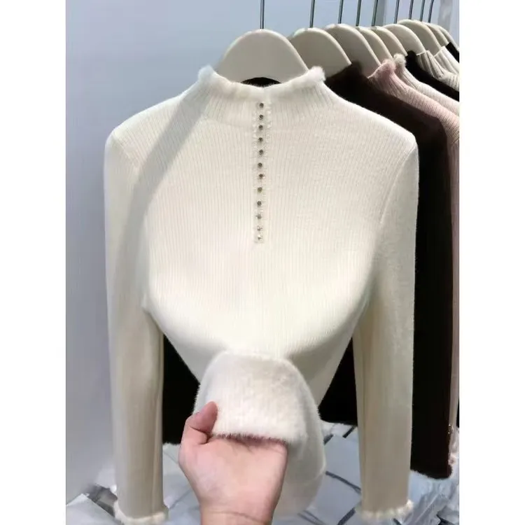 加绒加厚半高领毛衣女2025秋冬新款一体绒长袖针织内搭打底衫上衣