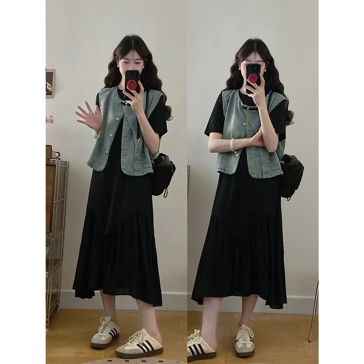 大码女装胖mm设计感薄款凉感牛仔马甲显瘦连衣裙两件套