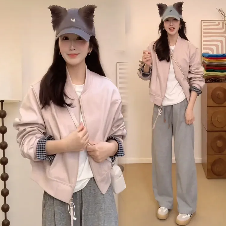 韩版时尚假两件短款外套女2025年春秋季新款慵懒风棒球服夹克上衣