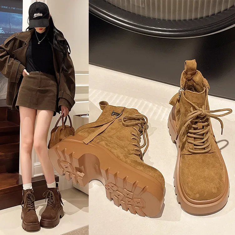 增高厚底马丁靴女款2025新款秋季草原靴子西部牛仔靴英伦风大黄靴