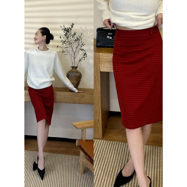 紫紫   朱砂絮语   洋气格纹绒棉斜裁时尚小洋裙半裙ZD08BZHJ176