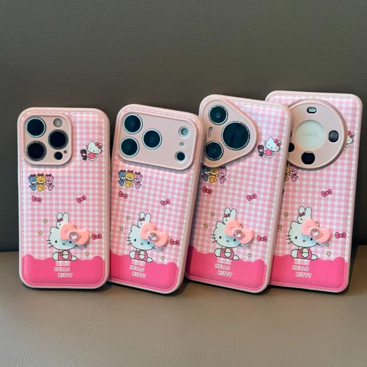 欧克里里粉格纹KT蝴蝶结适用苹果17/16手机壳小米vivo华为P70oppo