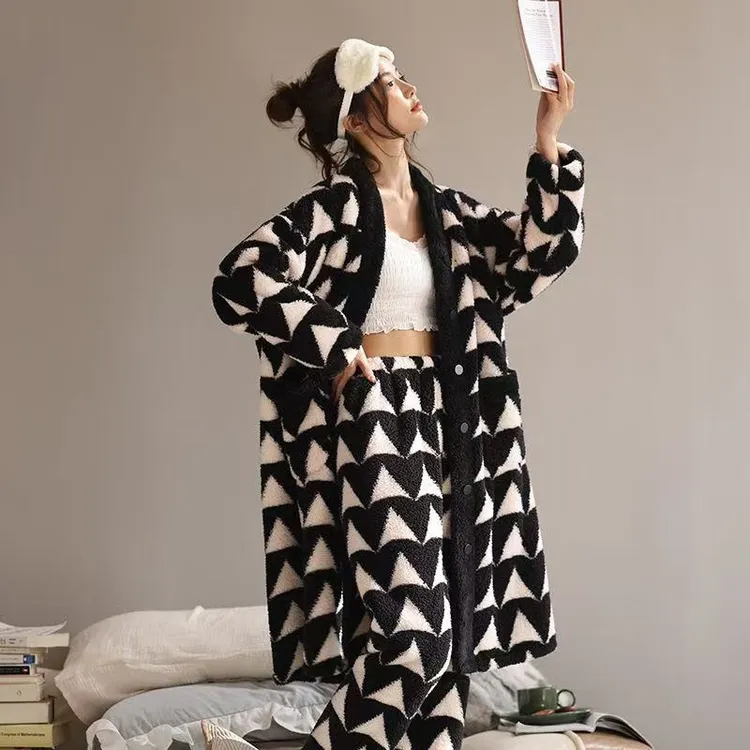 新款长袍睡衣爆款开襟家居服加厚加绒冬季可外穿保暖套装