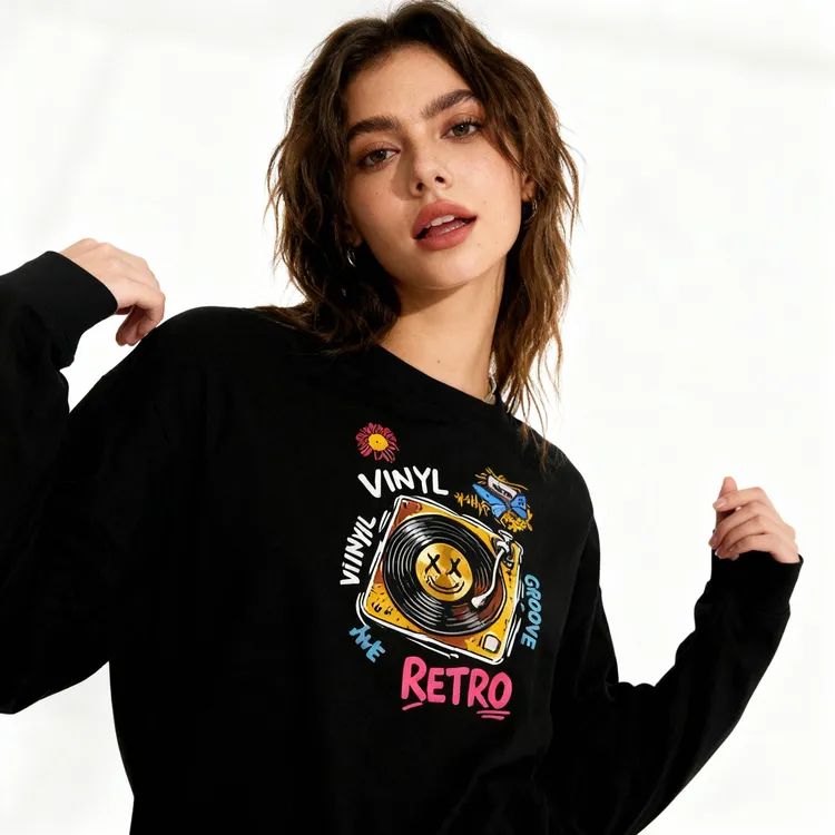 WPRA复古黑胶唱片印花长袖宽松学生男女情侣圆领长T简约小众上衣