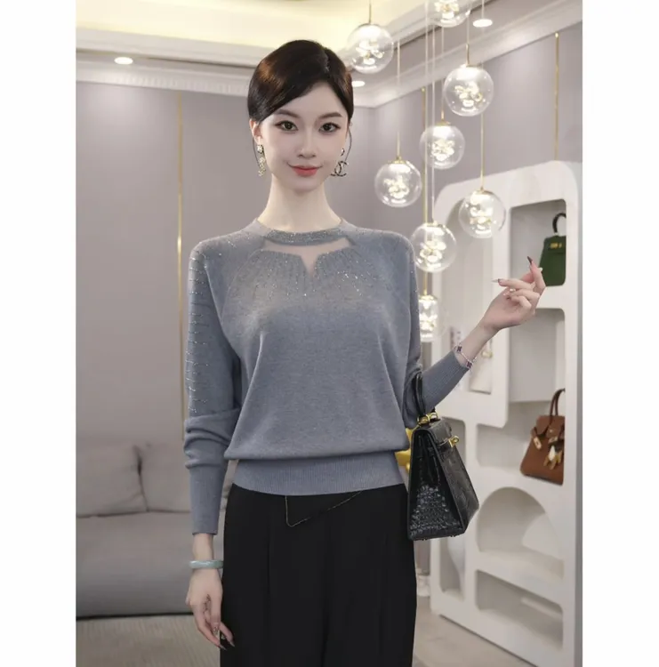 2025新款长袖圆领提花烫钻针织毛针织衫毛衣衫时尚女装