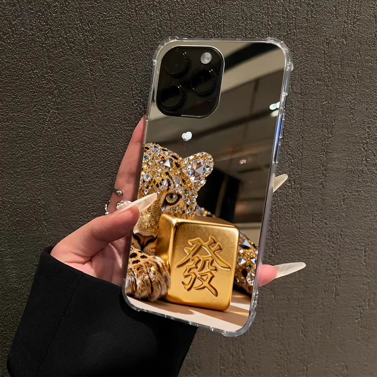 奢华豹子黄金麻将发财13适用iPhone16苹果17promax手机壳15镜面14