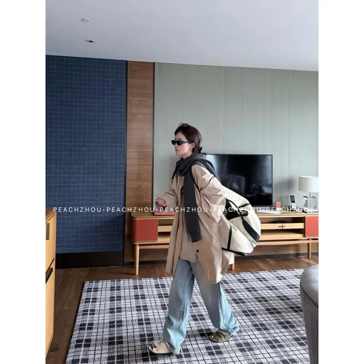『PEACHZHOU』经典卡其四缝线系扣宽松翻领外套简约休闲中长款风衣