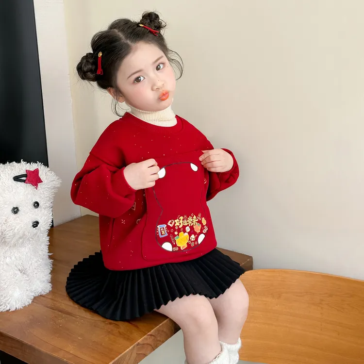 女童加绒拜年卫衣儿童喜庆加厚衣服小女孩宝宝春装2026新款衣服潮