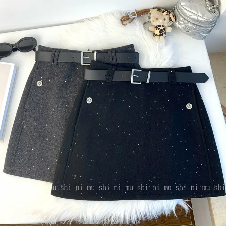 星空毛呢半身裙女秋冬新款设计感腰带高腰包臀裙小个子a字短裙潮