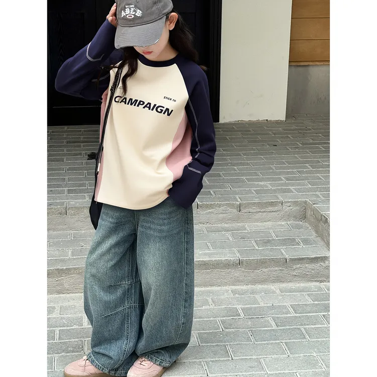 25TX021女童长袖t恤秋装2025秋季中大童打底衫女孩春秋户外风上衣