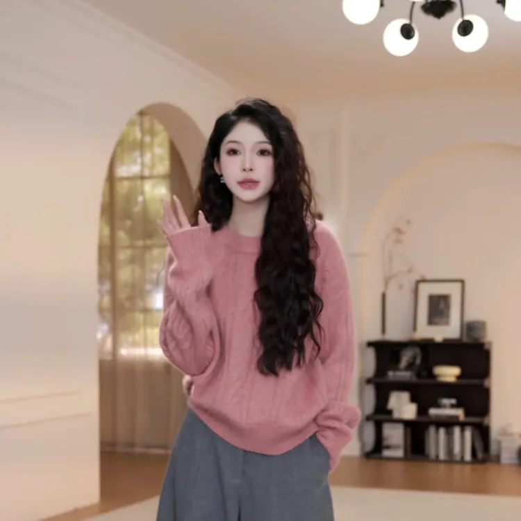 【YANYAN】圆领扭花毛衣女秋冬慵懒风长袖针织衫YY-9317