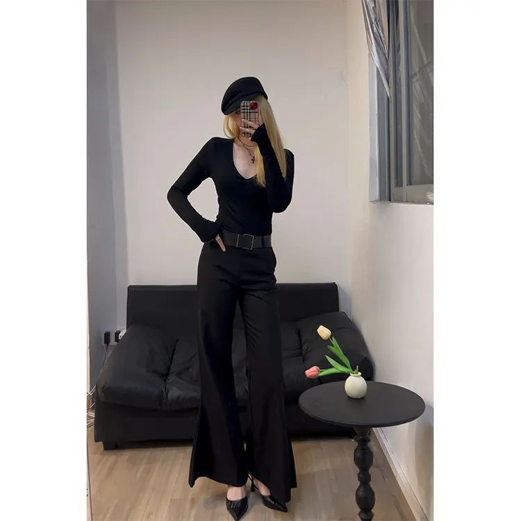 2025秋季新款时尚气质高级感黑色长袖打底衫上衣高腰显瘦休闲长裤