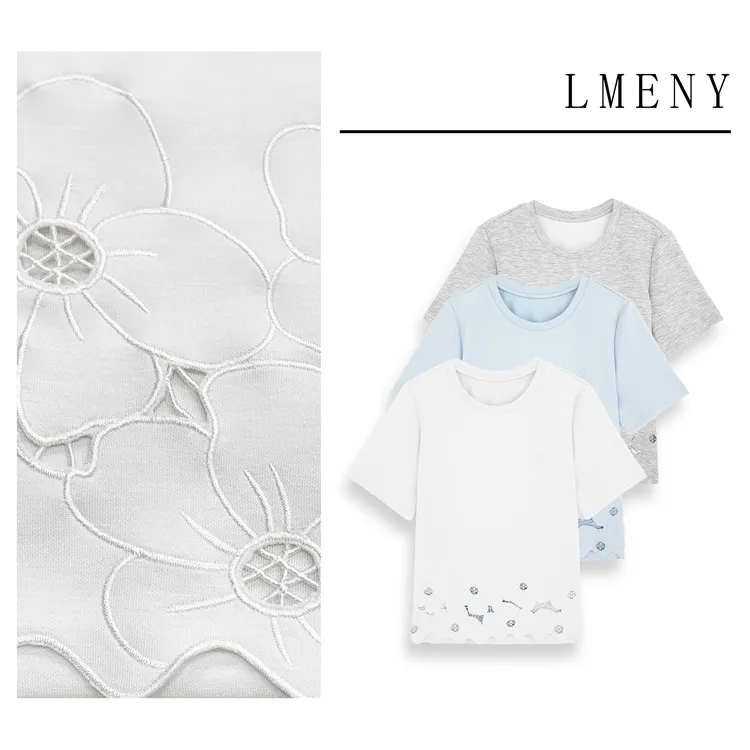 LMENY月闻花开~花朵刺绣镂空下摆圆领显瘦T恤25BT008
