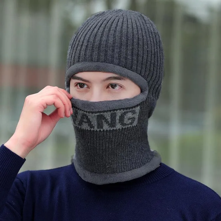冬季加绒帽男士一体毛线针织帽骑车防风护耳面罩加厚套头帽子jjb