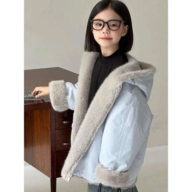 女童棉服两面穿水貂毛外套2025冬季新款儿童今年流行独特好看棉袄