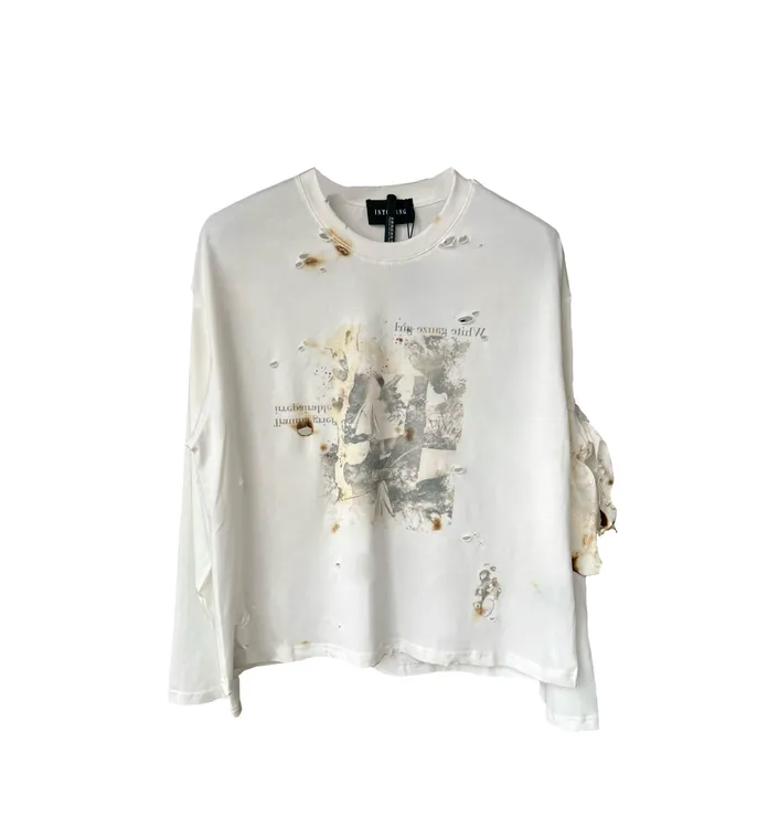 INTOWANG 2025FW「白纱女孩」手工做旧火烧破坏印花纯棉街头长袖T