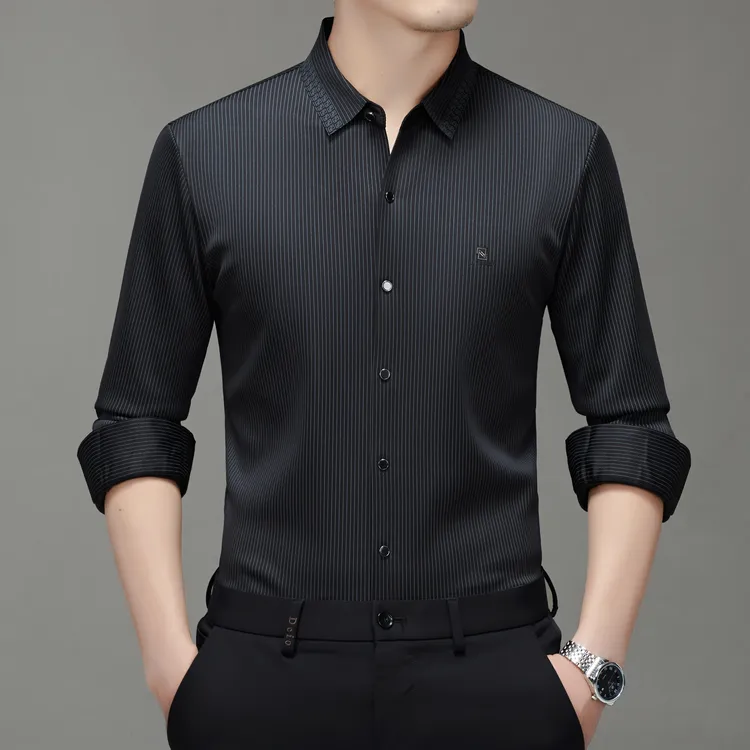 【保罗恺帝龙】竖纹数码印花氨纶贡缎衬衫加绒加厚长袖衬衣