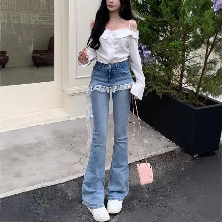 蕾丝拼接花边假两件牛仔裤设计辣妹高腰新款显瘦修身百搭喇叭裤子