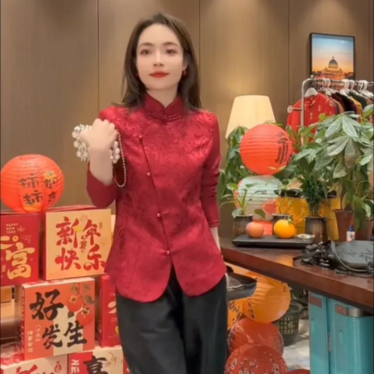 复古衬衫上衣网红时尚提花女装百搭衬衣新中式中国风立领小衫