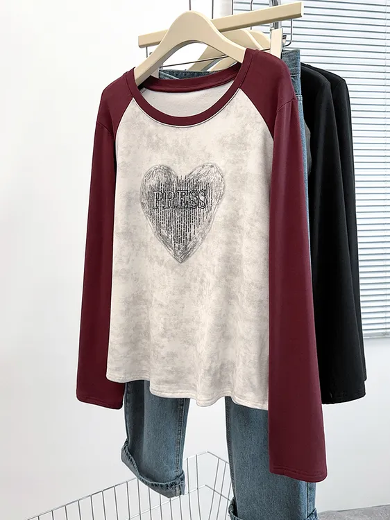 2025秋季新款胖mm大码女加厚休闲印花爱心插肩袖打底上衣33288