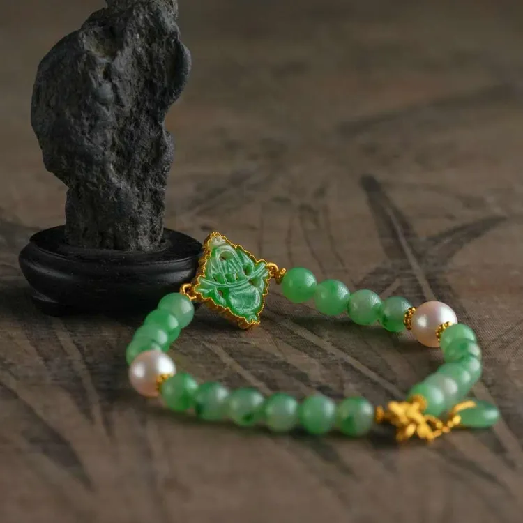 【观月】【一篮富贵】24K足金镶嵌天然A货翡翠老翡翠海水珍珠手链