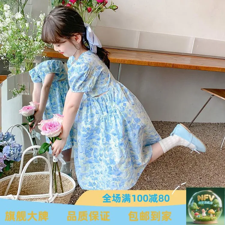 儿童连衣裙夏季2025新款甜美泡泡袖碎花裙中大女童卡通吊带裙套装